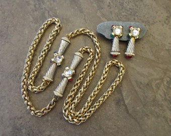 Vintage 1980s Gripoix Style Cabochon Rhinestone Link Necklace Clip Back Earrings Demi Parure