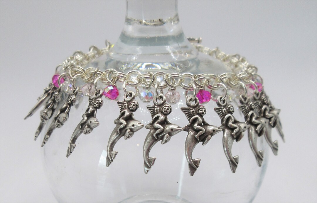 Angel Riding Dolphin Crystal Light Rose and Rose AB Crystal Bead Pewter ...