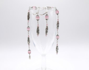TierraCast Antique Silver Pewter Beadcaps Wild Rose Barrel Beads Swarovski Lt Rose Pink Crystal Beads Sterling Silver Bracelet Earrings