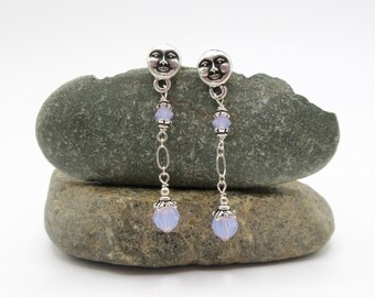 TierraCast Antique Silver Pewter Moon Face Post Leaf Scalloped Beadcaps Swarovski Violet Opal Articulated Sterling Silver Pierced Earrings