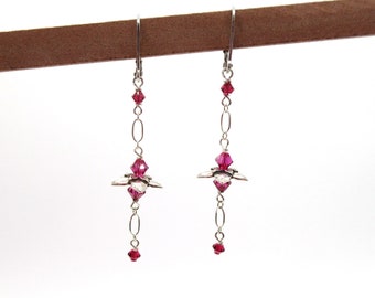 Swarovski Ruby Fuschia Bead TierraCast Star Jasmine Beadcap Long and Short Chain Link Sterling Silver Pierced Earrings