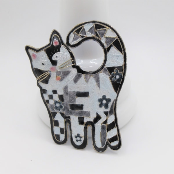 Vintage 1990s Gita Maria Cloisonné Enamel Kitty Cat Quilt Silver Brooch Pin