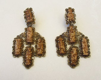 Antique Chinese 10 Carved Bone Immortals Gods Deities Filigree Sterling Silver Vermeil Pierced Earrings