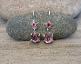 Vintage Thousand Flowers 1980s NOS Cloisonné Enamel Flower Lt Amethyst Swarovski Crystal Sterling Silver Pierced Earrings