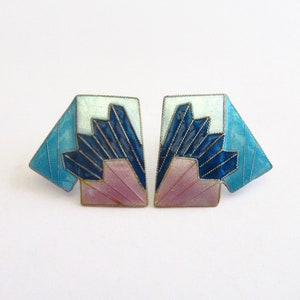 Vintage Laurel, Inc. 1970s Cloisonné Enamel Feathered Native American Chief Headdress Sterling Silver Gold Wash Pierced Earrings image 1