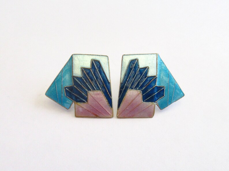 Vintage Laurel, Inc. 1970s Cloisonné Enamel Feathered Native American Chief Headdress Sterling Silver Gold Wash Pierced Earrings image 1