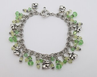 Bunny Rabbit Charm Bracelet TierraCast Antique Silver Swarovski Peridot Jonquil Crystal Beads Wire Wrapped Link Bracelet