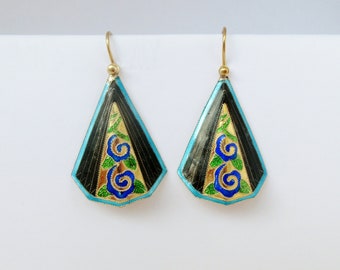 Vintage 1970s Laurel Burch Cloisonné Enamel Floral Kamon Japanese Family Crest Sterling Silver Gold Wash Pierced Earrings