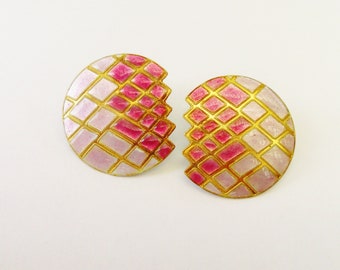 Vintage Laurel, Inc. 1970s Cloisonné Enamel Abstract Shield Japanese Family Crest Sterling Silver Gold Wash Pierced Earrings