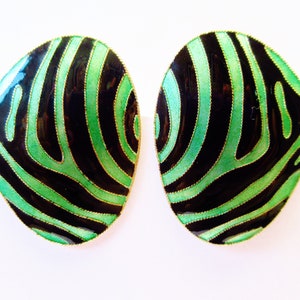 Vintage Laurel, Inc. 1970s Cloisonné Enamel Animal Stripe Sterling Silver 24k Gold Wash Pierced Earrings
