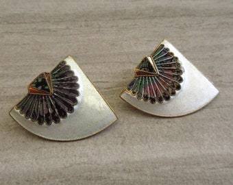 Vintage 1970s Laurel, Inc. Cloisonné Enamel Black & White Fan Japanese Family Crest Sterling Silver Gold Wash Pierced Earrings