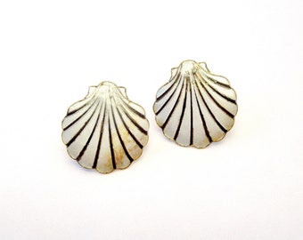 Vintage 1970s Cloisonné Enamel Seashell Sea Shell Sterling Silver Vermeil Pierced Earrings