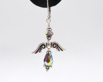 TierraCast Antique Silver Pewter Angel Wings Swarovski Amethyst Aurora Borealis Beads Sterling Silver Pierced Earrings