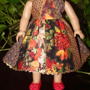 Thanksgiving Doll Dress, Patchwork Fall Dress fits American Dolls, 18 Inch Dolls, Embelished with Gold Embroidery Stitches, Gold Trim