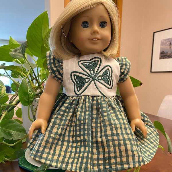 Celtic Dress 18" Doll Dress, Embroidered Green and Ecru Shamrock Dress fits 18 inch Dolls. Fits American Dolls, Girl Dolls. Toys