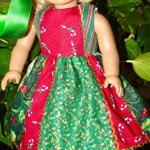 Crazy &quot;Quilt&quot; Christmas Doll Dress in Red, Green and Gold, fits 18 Inch Dolls, Christmas Kids, Doll Clothes