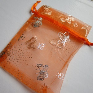 10 Orange Silver Butterfly Organza Gift Pouch Mini Wedding Favor Jewelry Candy Bag 4.53.25 inch organza orange butterfly organza bag image 1