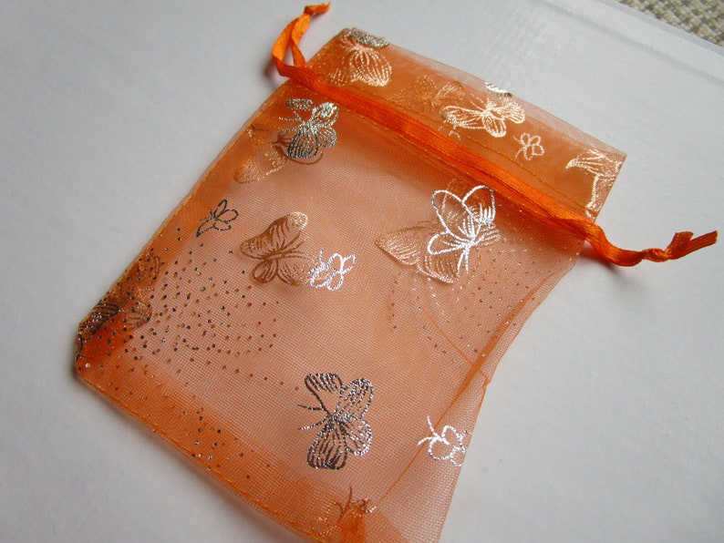 10 Orange Silver Butterfly Organza Gift Pouch Mini Wedding Favor Jewelry Candy Bag 4.53.25 inch organza orange butterfly organza bag image 1