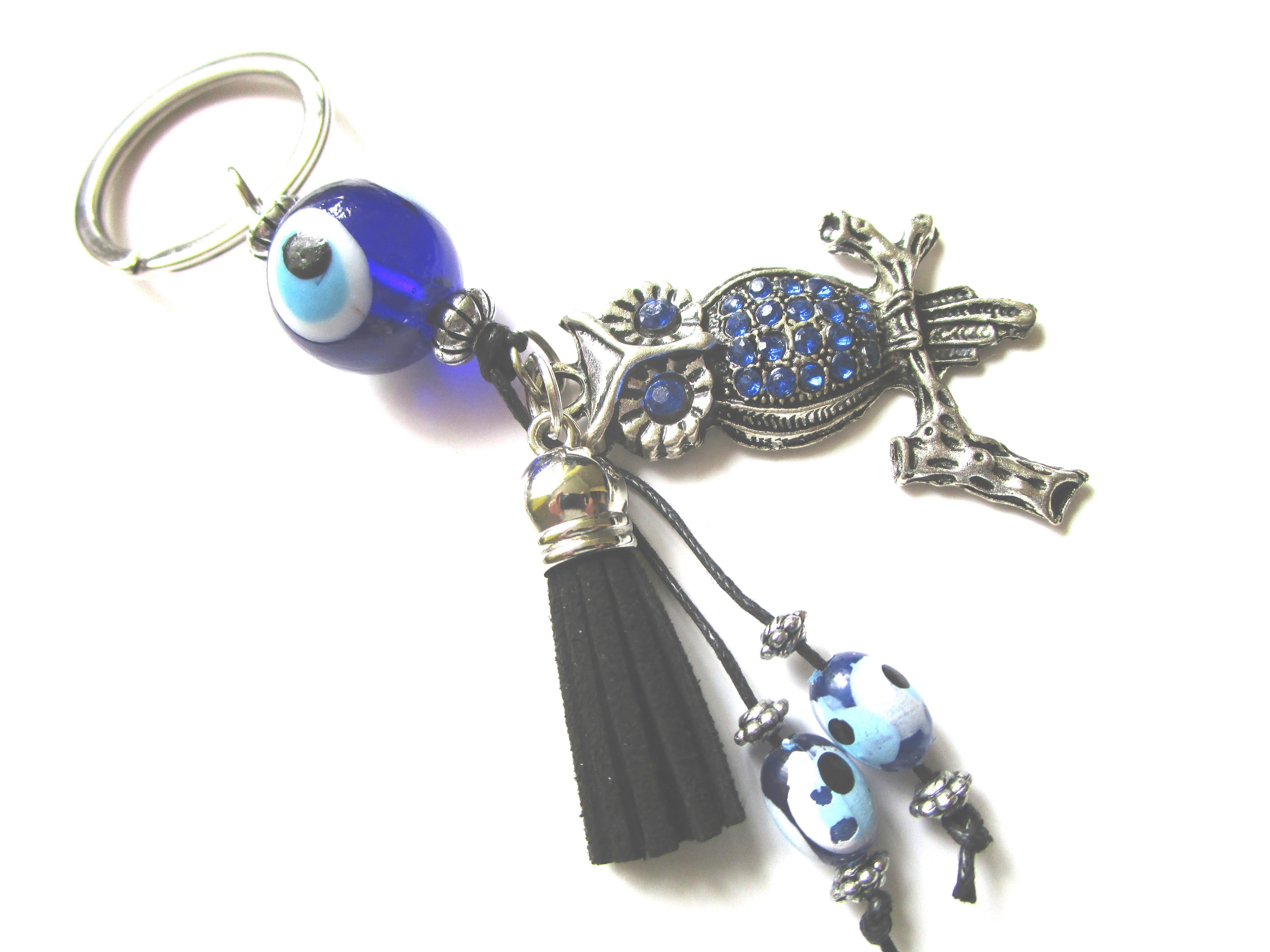 Blue owl blue evil eye charm key chain - black leather tassel - blue owl eye charm - evil eye key ch