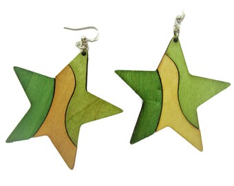 Green, yellow and khaki star wooden earring - wood painted jewelry - wood earrings - star hobo earring - stainless steel nickel free earring