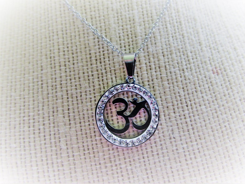 ohm symbol stainless steel pendant stainless steel chain Round bejeweled ohm symbol pendant Ohm symbol pendant ohm symbol jewelry