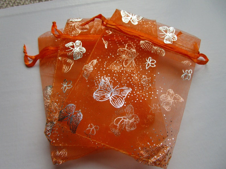 10 Orange Silver Butterfly Organza Gift Pouch Mini Wedding Favor Jewelry Candy Bag 4.53.25 inch organza orange butterfly organza bag image 2