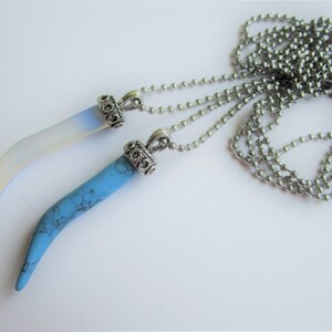 May include: A silver chain necklace with two pendants. One pendant is a white horn-shaped stone and the other is a blue horn-shaped stone.