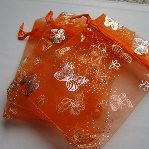 10 Orange Silver Butterfly Organza Gift Pouch Mini Wedding Favor Jewelry Candy Bag 4.53.25 inch organza orange butterfly organza bag image 4