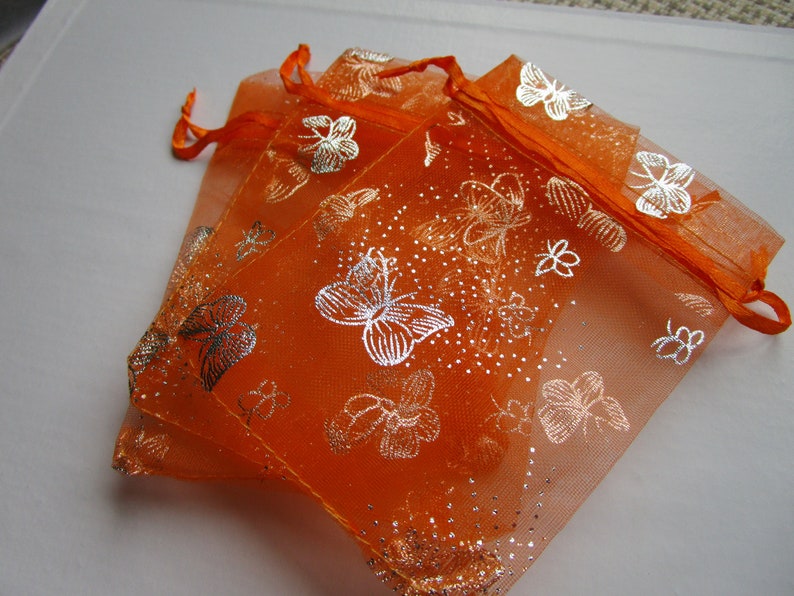 10 Orange Silver Butterfly Organza Gift Pouch Mini Wedding Favor Jewelry Candy Bag 4.53.25 inch organza orange butterfly organza bag image 4