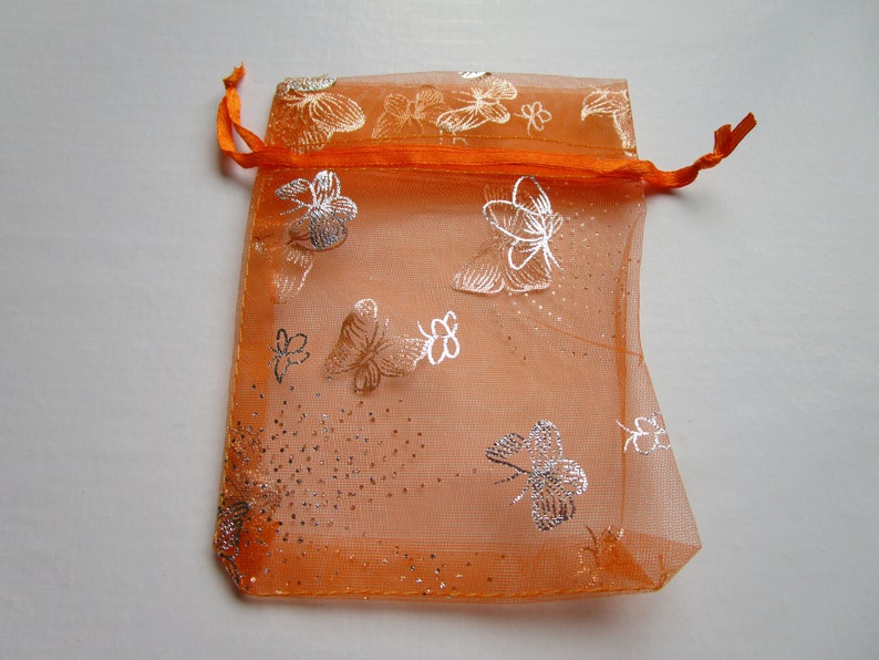 10 Orange Silver Butterfly Organza Gift Pouch Mini Wedding Favor Jewelry Candy Bag 4.53.25 inch organza orange butterfly organza bag image 3