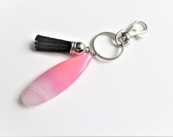 Gemstone pink agate tassel key chain - pink agate tassel key ring - gemstone key ring - agate key chain - agate key ring - pink agate gem