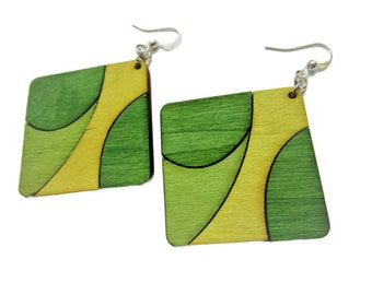 Green, yellow and khaki rectangle wooden earring - wood painted jewelry - wood earrings - hobo earring - stainless steel nickel free earring