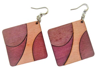 Pink and purple square wooden earring - wood painted jewelry - wood earrings - hobo earring - stainless steel nickel free earring