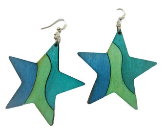 Green, aqua and blue star wooden earring - wood painted jewelry - wood earrings - star hobo earring - stainless steel nickel free earring