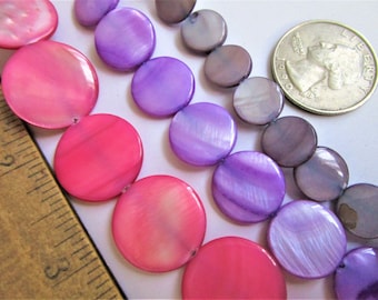 Pink/Purple/Mauve Shell Flat Round Bead - 18mm/15mm/11mm, jewelry bead supplies, flat shell bead, round shell bead - pink/purple/mauve shell