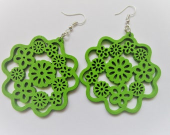 Green carved large flower wooden earrings - wood painted jewelry - flower earring - hobo earring - stainless steel nickel free wood earrings