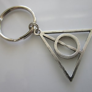 May include: Silver key chain with a triangle charm featuring a circle with a line through it.