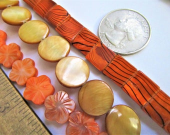 Shell Flat Beads Flower/Circle/Square - 12mm/14mm/10mm - jewelry bead supply - flat shell bead - shell bead supply - orange flat shell bead