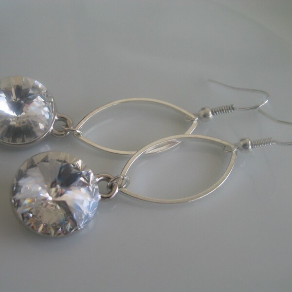 Swarovski components crystal round rivoli clear earrings with silver colored attachment and oval silver toned hoop pendant - bridal earrings