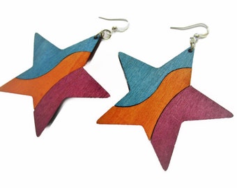 Purple, orange and blue star wooden earring - wood painted jewelry - wood earrings - star hobo earring - stainless steel nickel free earring