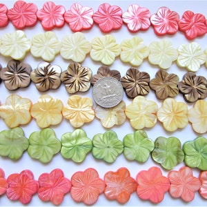 Pode incluir: Um close-up de uma coleção de contas de concha em forma de flor em várias cores, incluindo rosa, creme, marrom, amarelo, verde e coral. As contas estão dispostas em filas e têm aproximadamente o tamanho de uma moeda de 25 centavos de dólar americano.