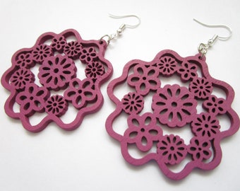 Purple carved large flower wooden earring - wood painted jewelry - flower earring - hobo earring - stainless steel nickel free wood earrings