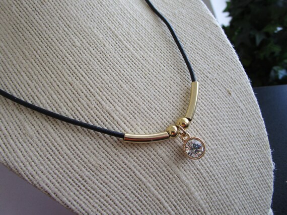 Black Rubber Cord Necklace Chain - Round Gold tone clasp - 3mm thick cord with gold tone charms - Clear crystal round gold tone pendant