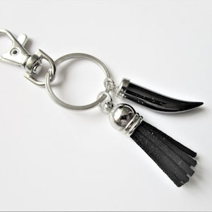 May include: A silver key chain with a black tassel and a black tooth-shaped charm.