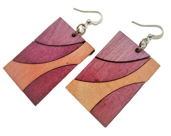 Pink and purple rectangle wooden earring - wood painted jewelry - wood earrings - hobo earring - stainless steel nickel free earring