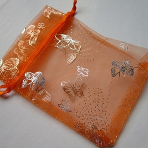 10 Orange Silver Butterfly Organza Gift Pouch Mini Wedding Favor Jewelry Candy Bag 4.53.25 inch organza orange butterfly organza bag image 5