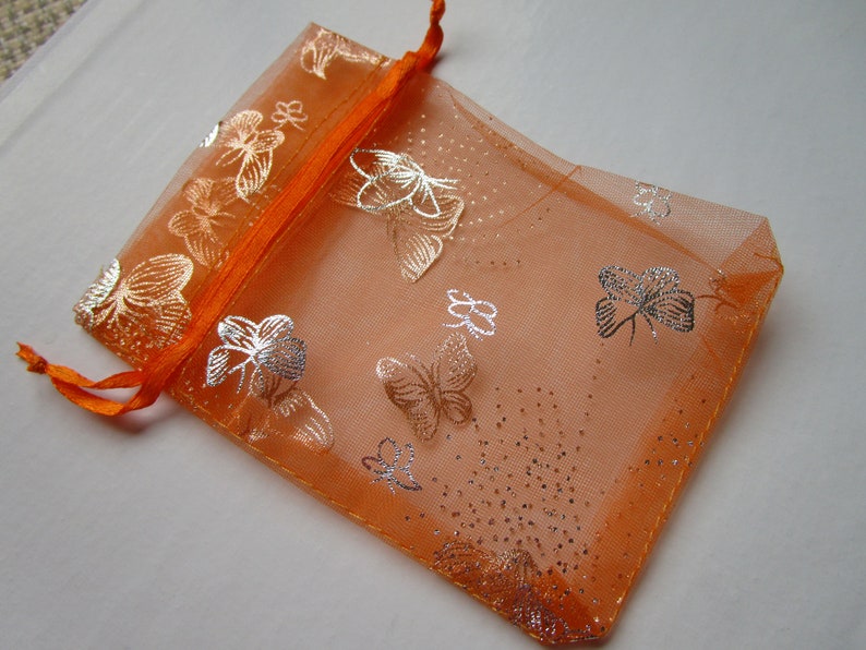 10 Orange Silver Butterfly Organza Gift Pouch Mini Wedding Favor Jewelry Candy Bag 4.53.25 inch organza orange butterfly organza bag image 5