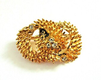 Vintage Signed WELLS STERLING 925 14K Gold Vermeil Rhinestone Pin Brooch Estate