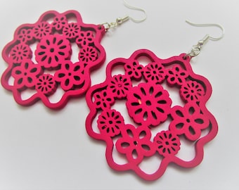 Pink carved large flower wooden earrings - wood painted jewelry - flower earring - hobo earring - stainless steel nickel free wood earrings