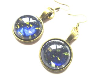 Bronze nickel free blue gold galaxy earrings - stainless steel nickel free hook - blue gold jewelry - glass cabochon galaxy earrings - glass